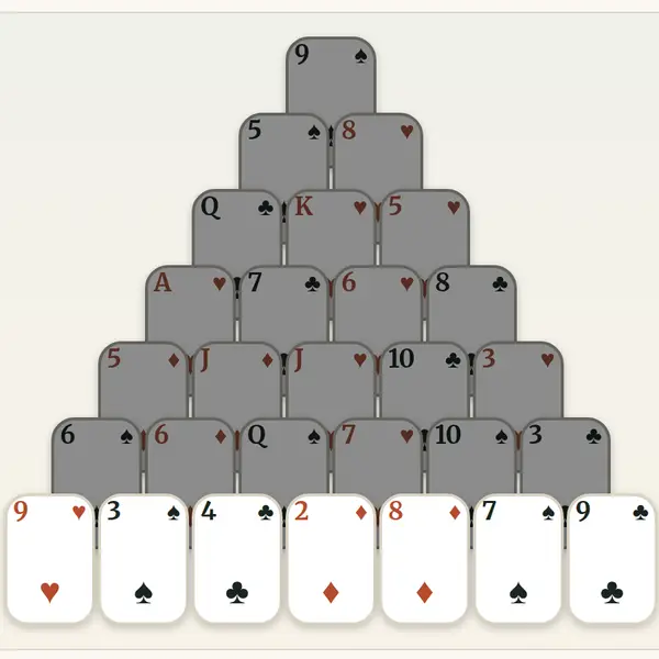 Pyramid Solitaire — a pyramid of playing cards waiting to be paired to 13